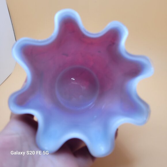 Vintage Ruffle Vase Red with Black Accents Cased White Interior Marble Look - Picture 5 of 10